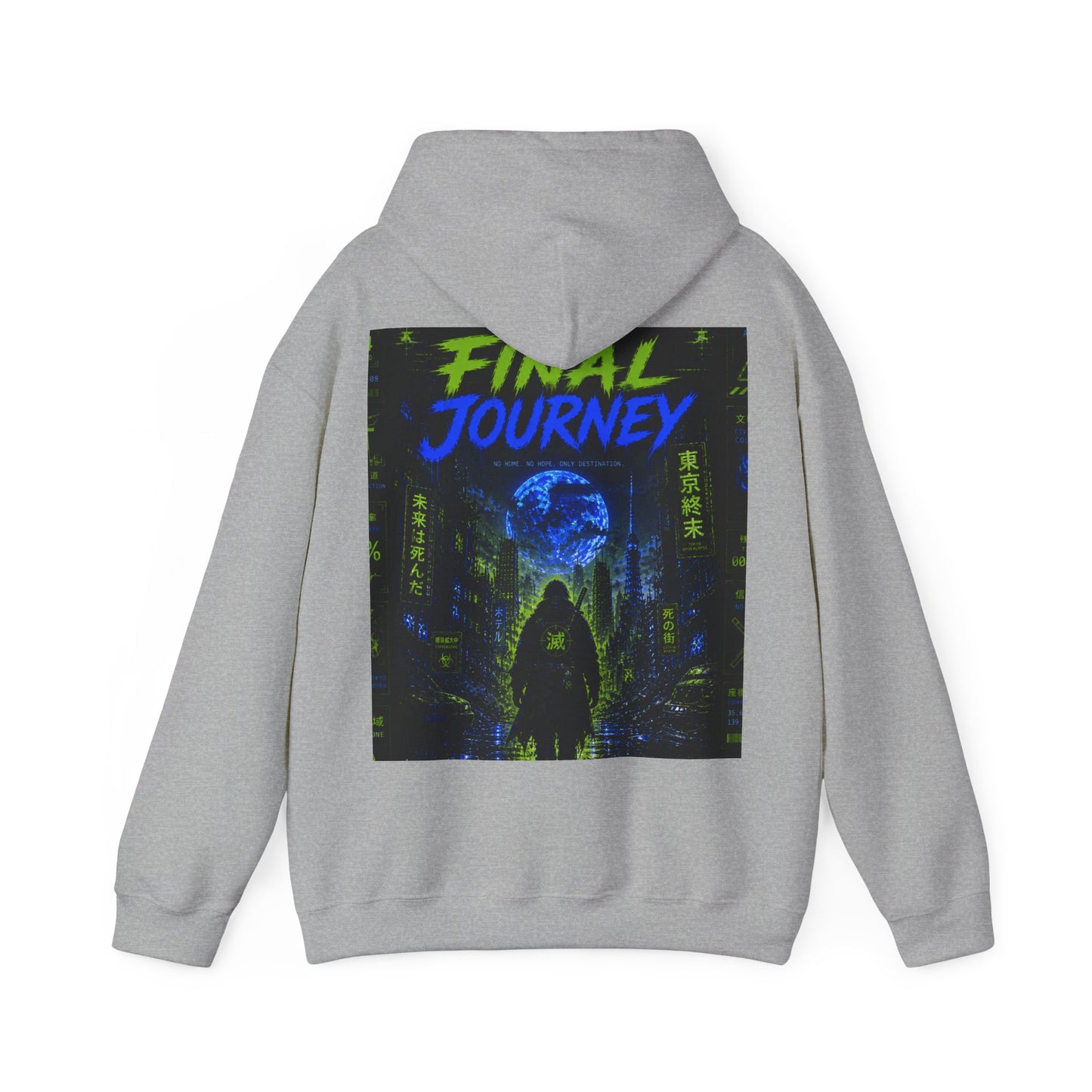 Final Journey Hoodie — Neon Cyberpunk Graphic Hooded Sweatshirt