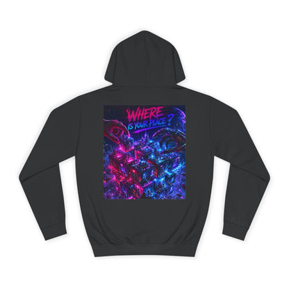 College Hoodie — "Where Is Your Peace?" Neon Skull Graphic