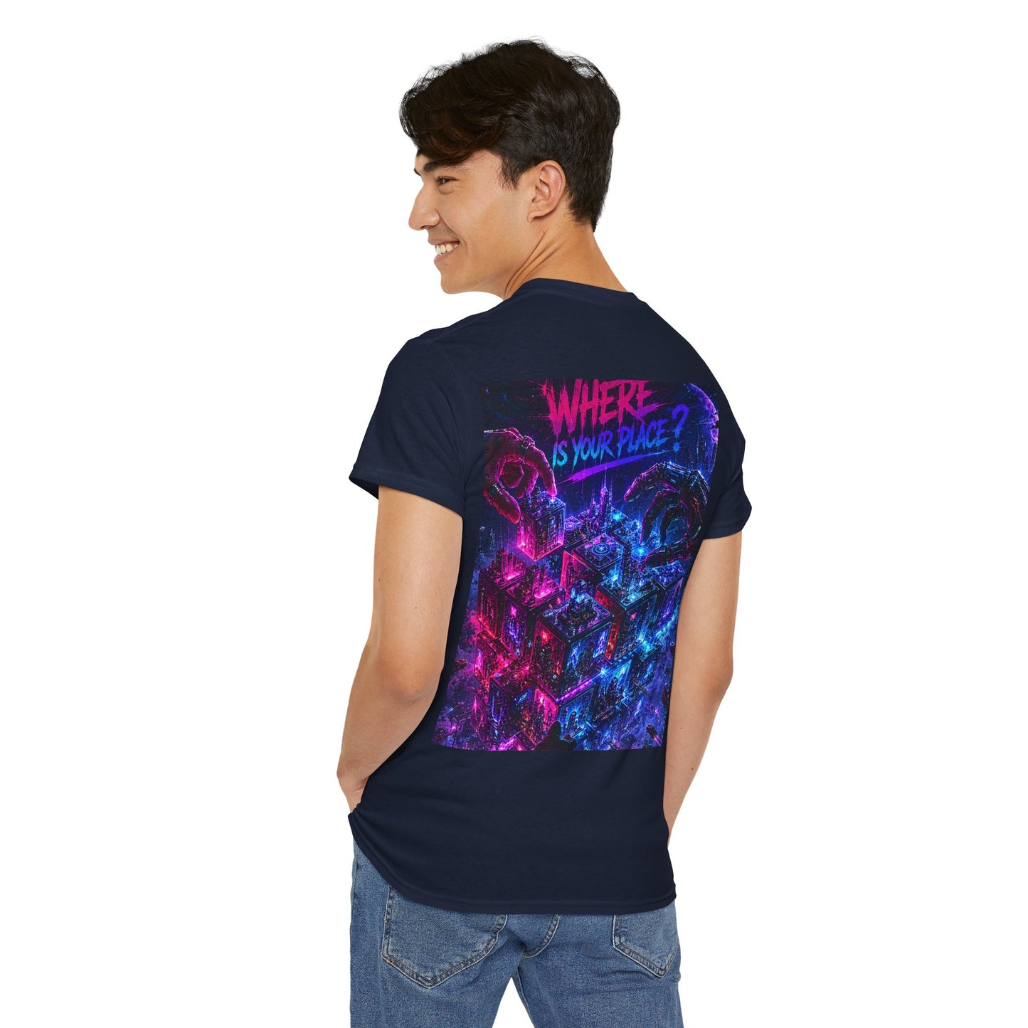 Graphic Tee — "Where Is Your Place?" Neon Cyberpunk Back Print