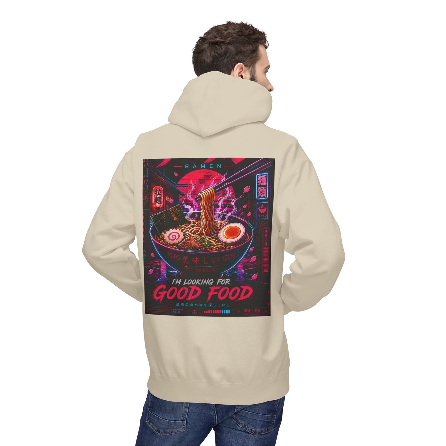 Ramen Hunt Hoodie — Neon Cyberpunk "I'm Looking For Good Food" Graphic