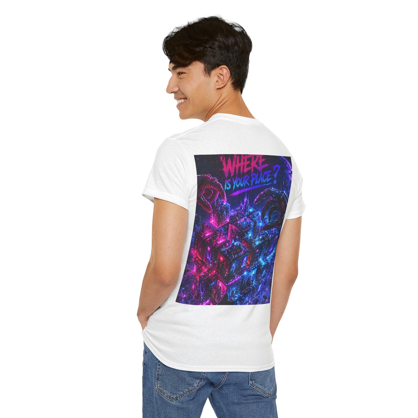 Graphic Tee — "Where Is Your Place?" Neon Cyberpunk Back Print
