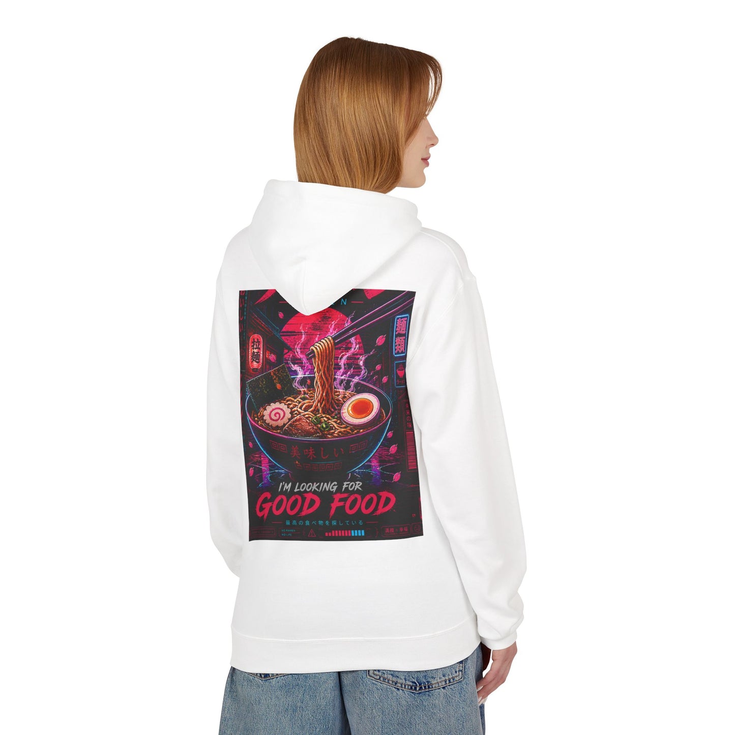 Ramen Hunt Hoodie — Neon Cyberpunk "I'm Looking For Good Food" Graphic