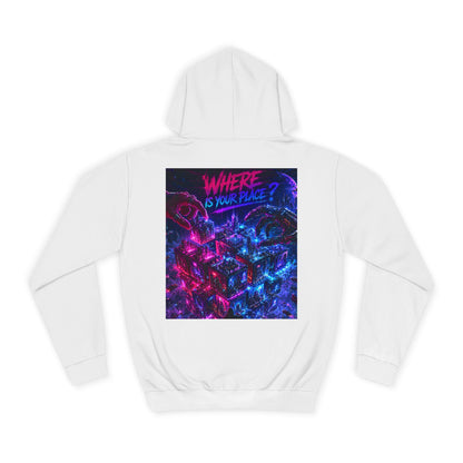 College Hoodie — "Where Is Your Peace?" Neon Skull Graphic