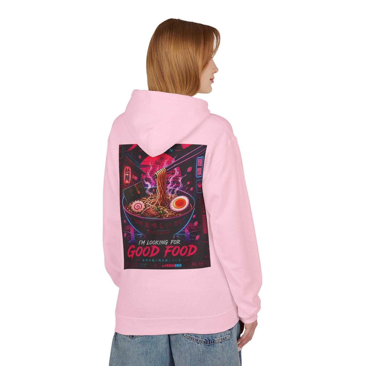 Ramen Hunt Hoodie — Neon Cyberpunk "I'm Looking For Good Food" Graphic