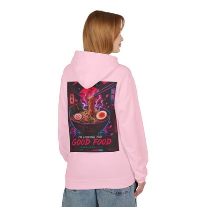 Ramen Hunt Hoodie — Neon Cyberpunk "I'm Looking For Good Food" Graphic