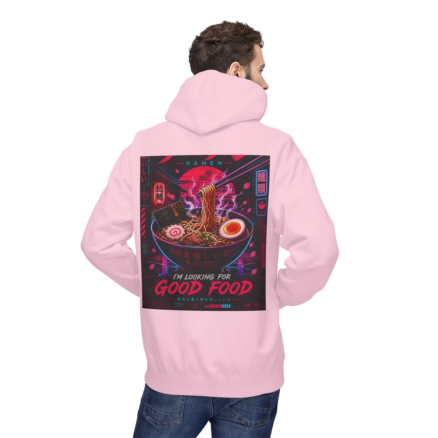 Ramen Hunt Hoodie — Neon Cyberpunk "I'm Looking For Good Food" Graphic