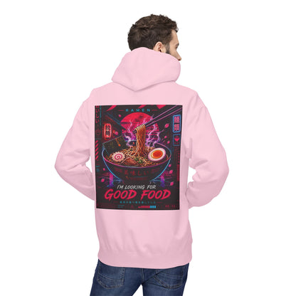 Ramen Hunt Hoodie — Neon Cyberpunk "I'm Looking For Good Food" Graphic