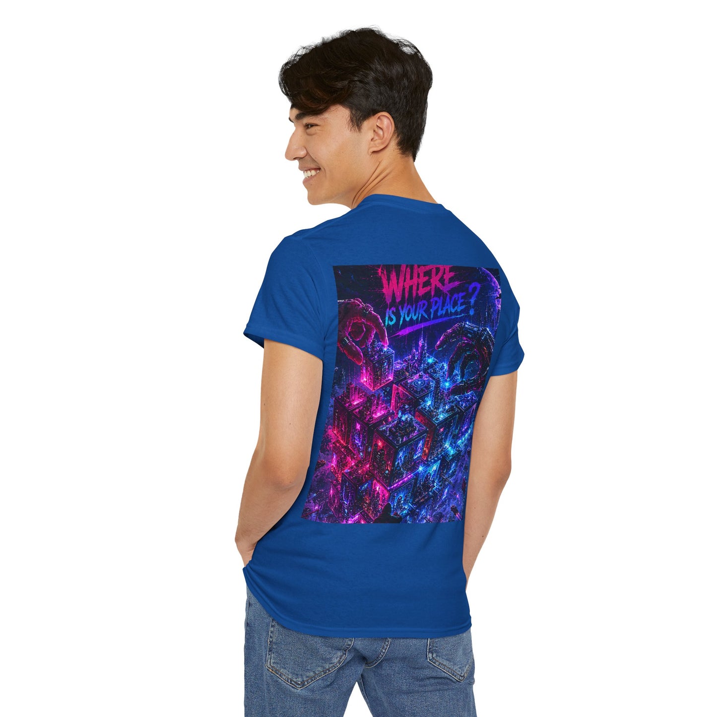 Graphic Tee — "Where Is Your Place?" Neon Cyberpunk Back Print