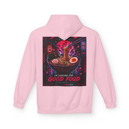 Ramen Hunt Hoodie — Neon Cyberpunk "I'm Looking For Good Food" Graphic