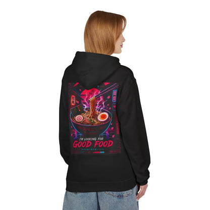 Ramen Hunt Hoodie — Neon Cyberpunk "I'm Looking For Good Food" Graphic