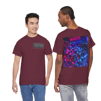 Graphic Tee — "Where Is Your Place?" Neon Cyberpunk Back Print
