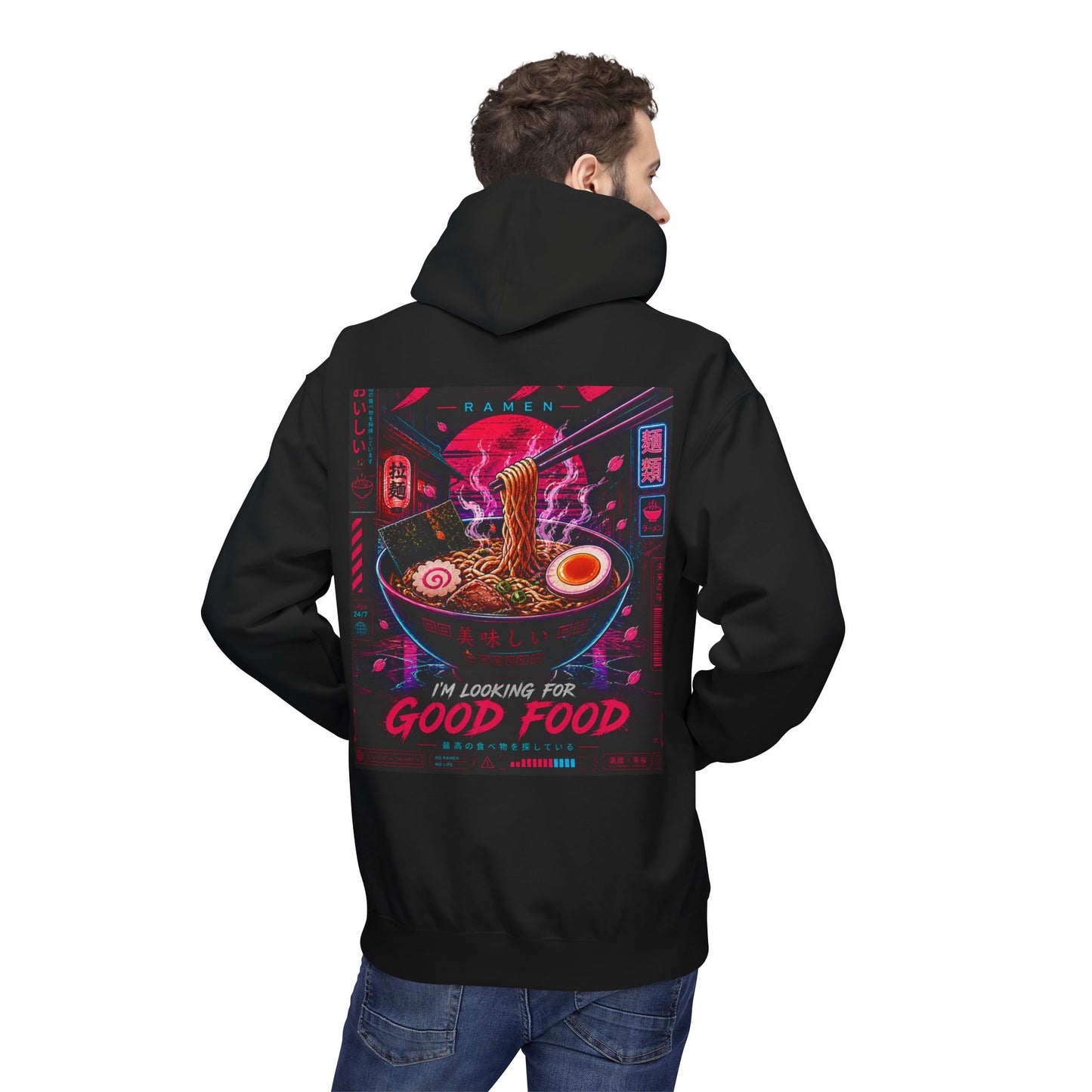Ramen Hunt Hoodie — Neon Cyberpunk "I'm Looking For Good Food" Graphic