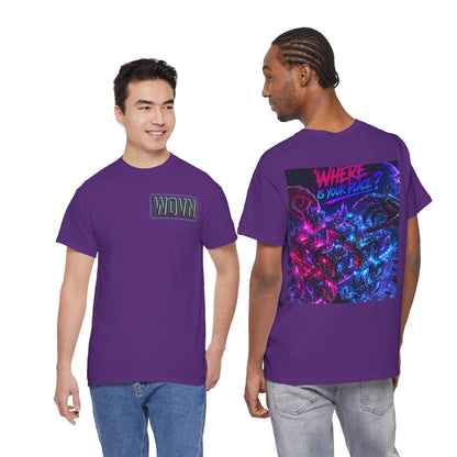 Graphic Tee — "Where Is Your Place?" Neon Cyberpunk Back Print
