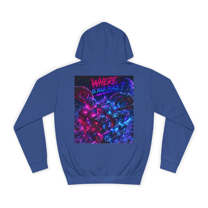 College Hoodie — "Where Is Your Peace?" Neon Skull Graphic