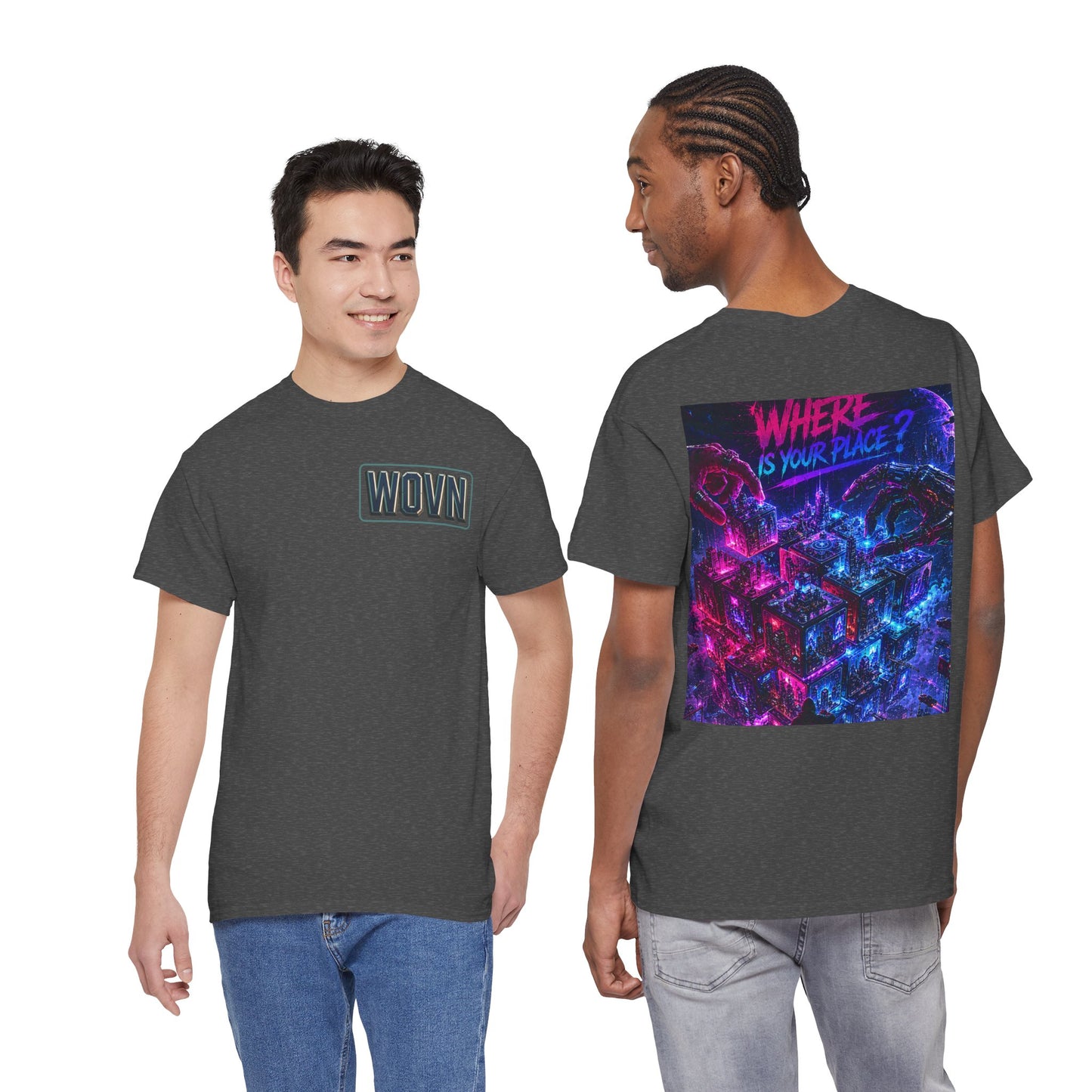 Graphic Tee — "Where Is Your Place?" Neon Cyberpunk Back Print