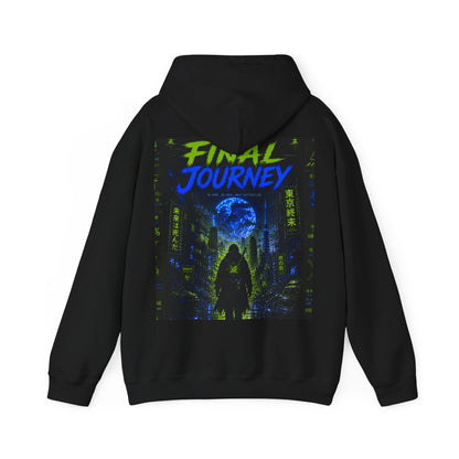 Final Journey Hoodie — Neon Cyberpunk Graphic Hooded Sweatshirt