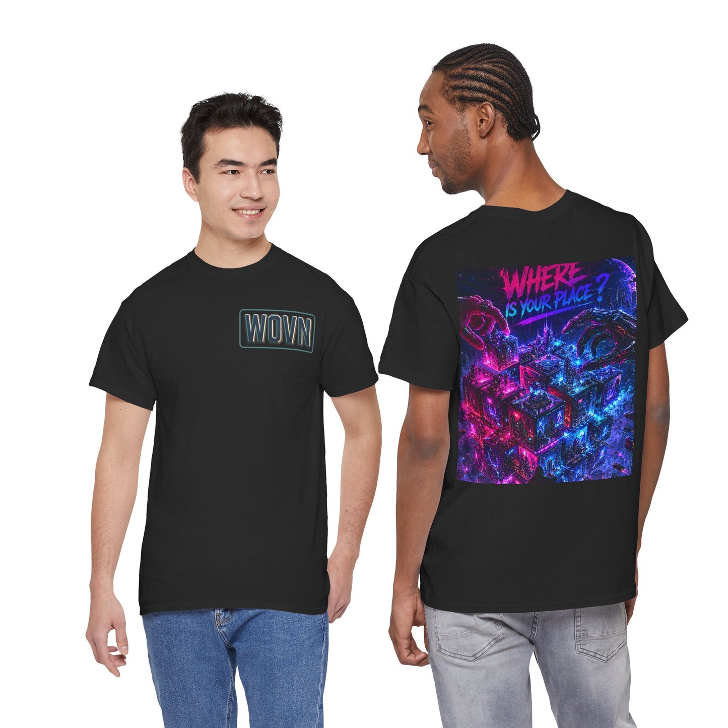 Graphic Tee — "Where Is Your Place?" Neon Cyberpunk Back Print