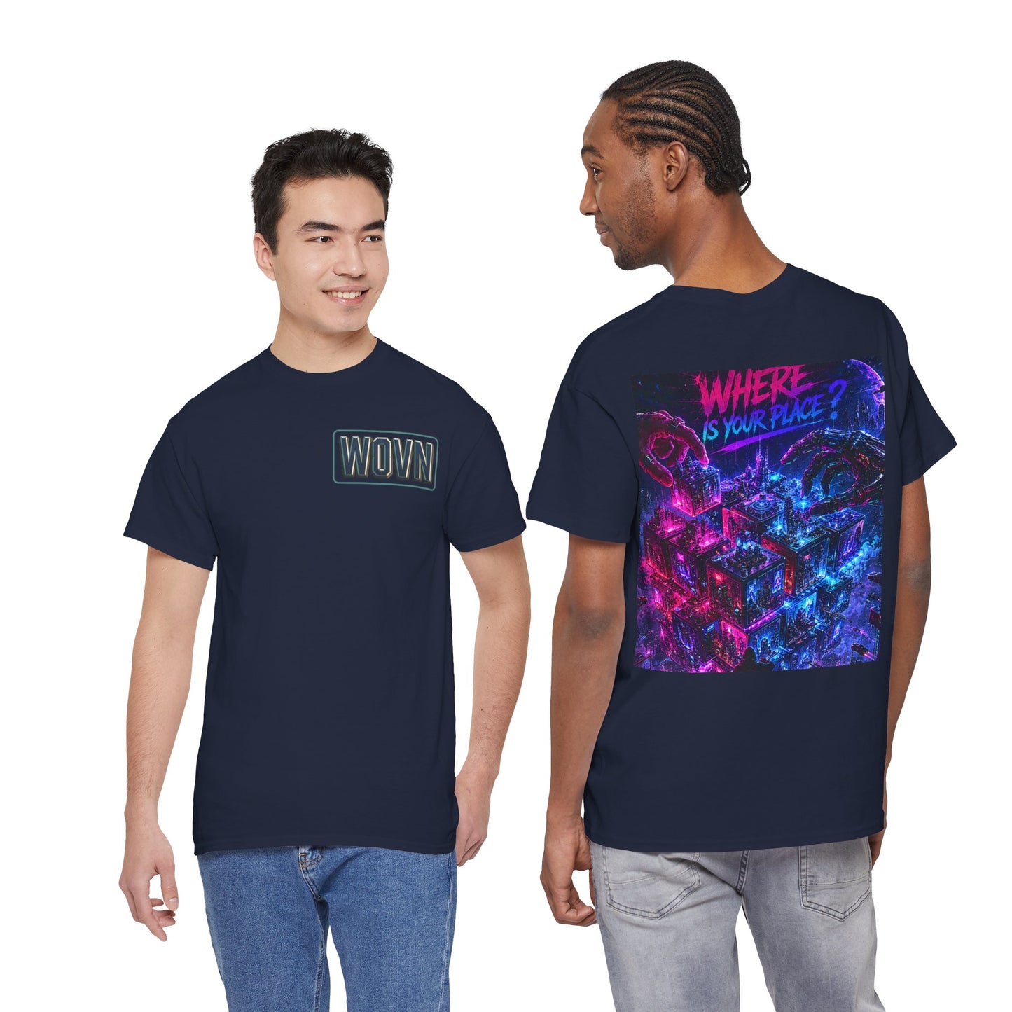Graphic Tee — "Where Is Your Place?" Neon Cyberpunk Back Print