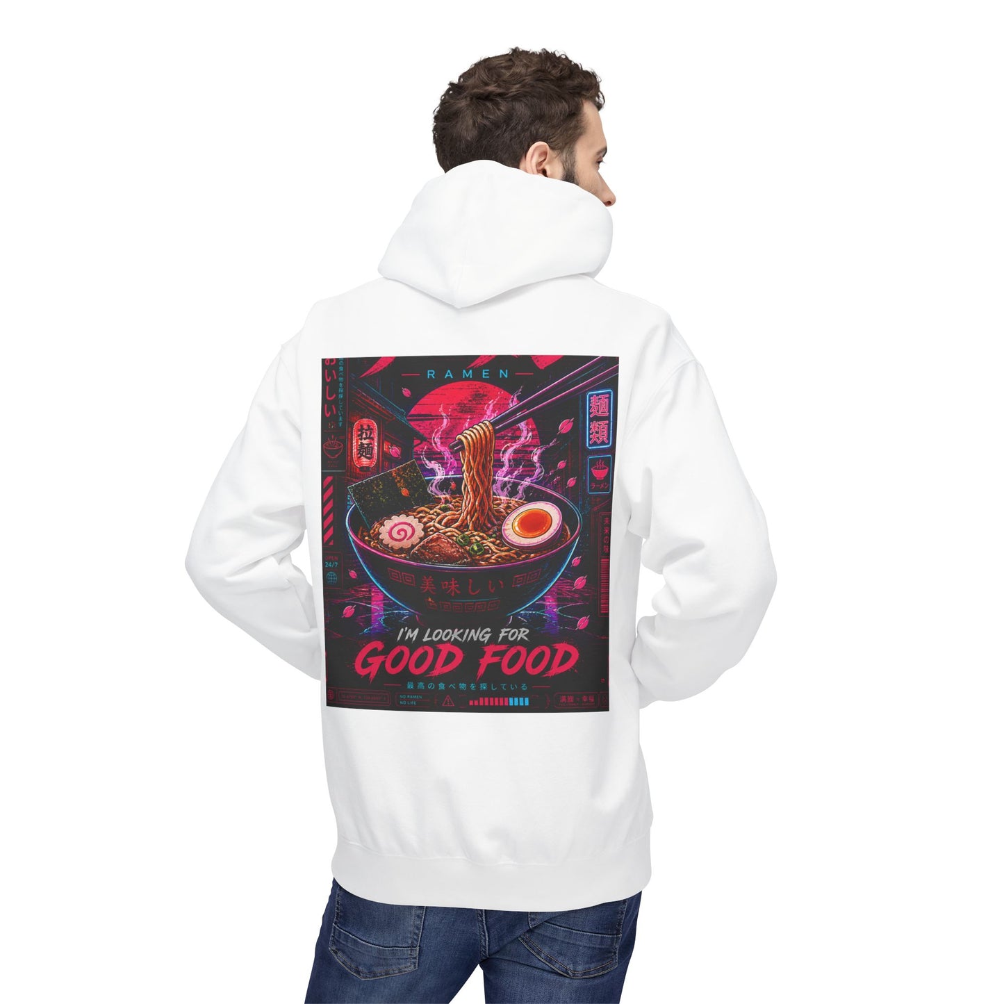 Ramen Hunt Hoodie — Neon Cyberpunk "I'm Looking For Good Food" Graphic