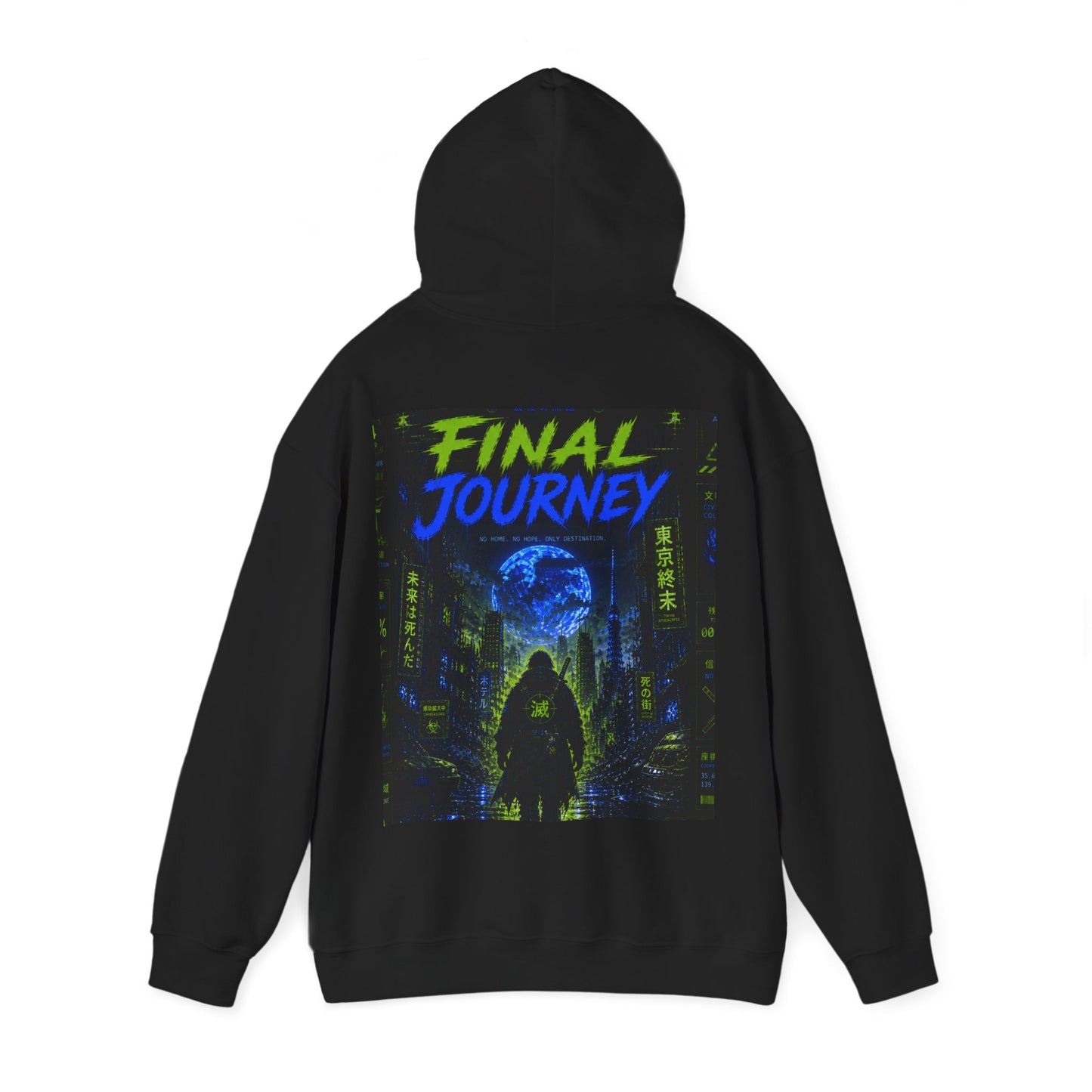 Final Journey Hoodie — Neon Cyberpunk Graphic Hooded Sweatshirt