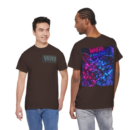 Graphic Tee — "Where Is Your Place?" Neon Cyberpunk Back Print