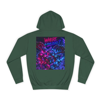 College Hoodie — "Where Is Your Peace?" Neon Skull Graphic