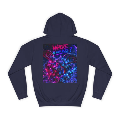 College Hoodie — "Where Is Your Peace?" Neon Skull Graphic