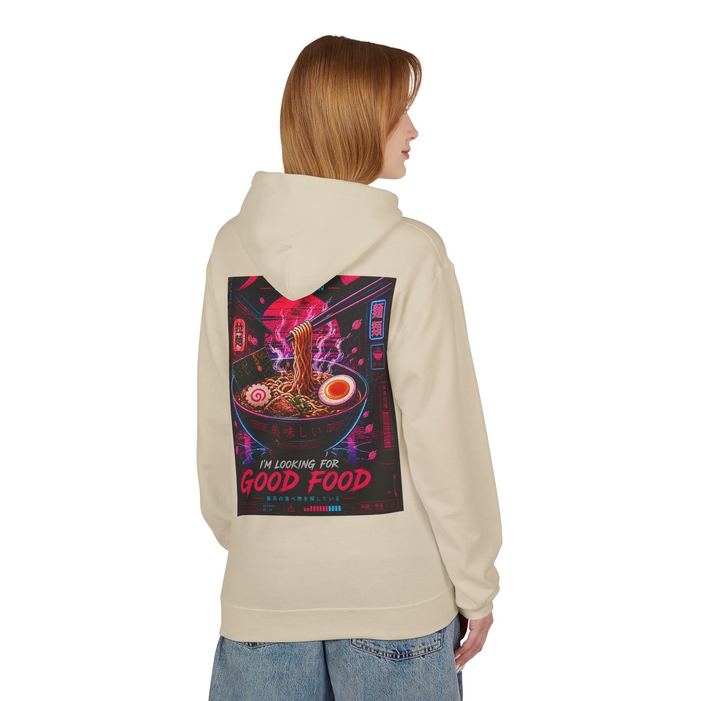 Ramen Hunt Hoodie — Neon Cyberpunk "I'm Looking For Good Food" Graphic